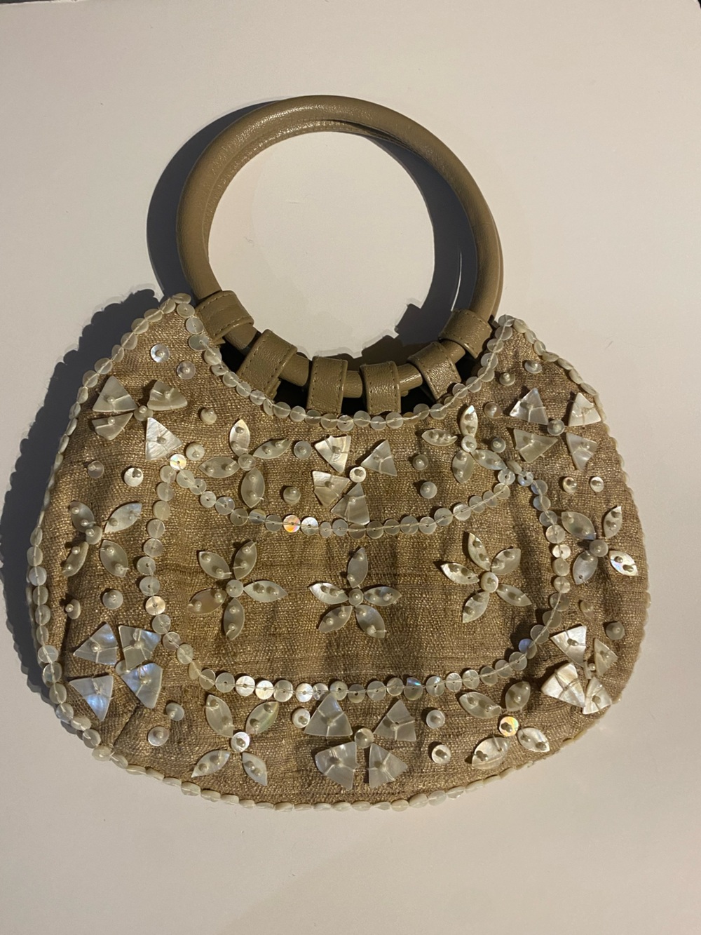 Moyna Beige Beaded Floral Handle Clutch